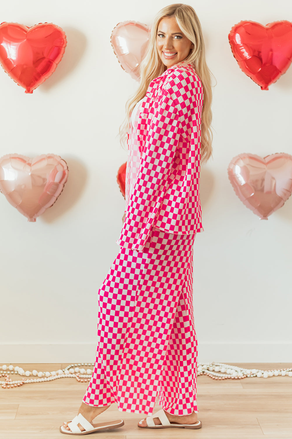 Pink Checkered Buttoned Shirt and Pants Pajama Set