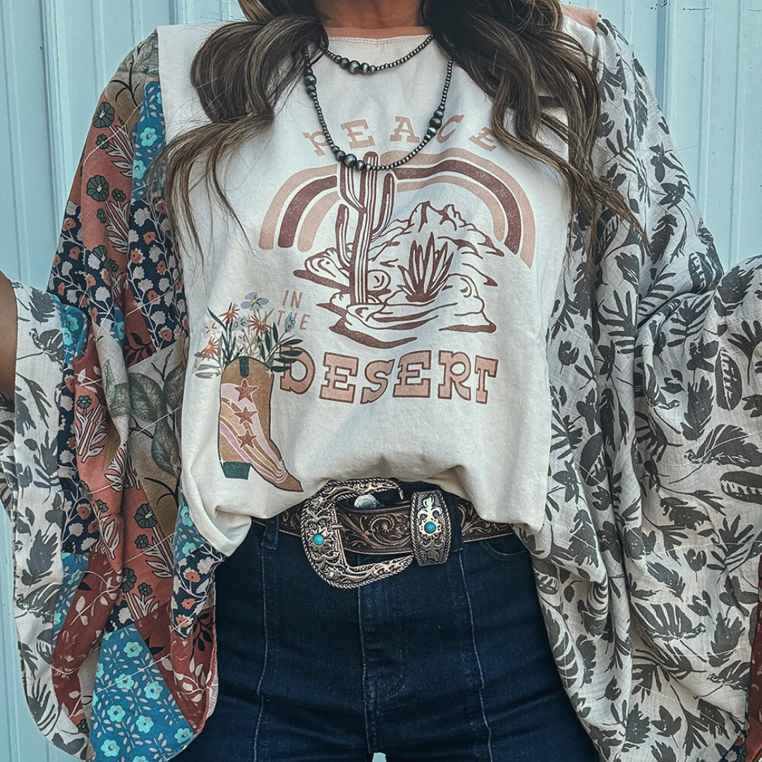 Printed Patchwork Sleeve Graphic Tee Shirt