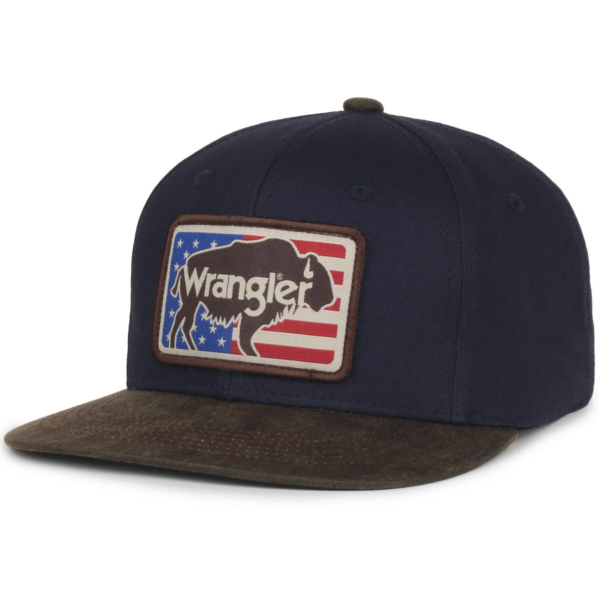 A navy cap featuring a brown and cream patch with a silhouette of a buffalo against an American flag background. The brim is a suede-like dark brown material, adding a rustic and patriotic vibe to the design.