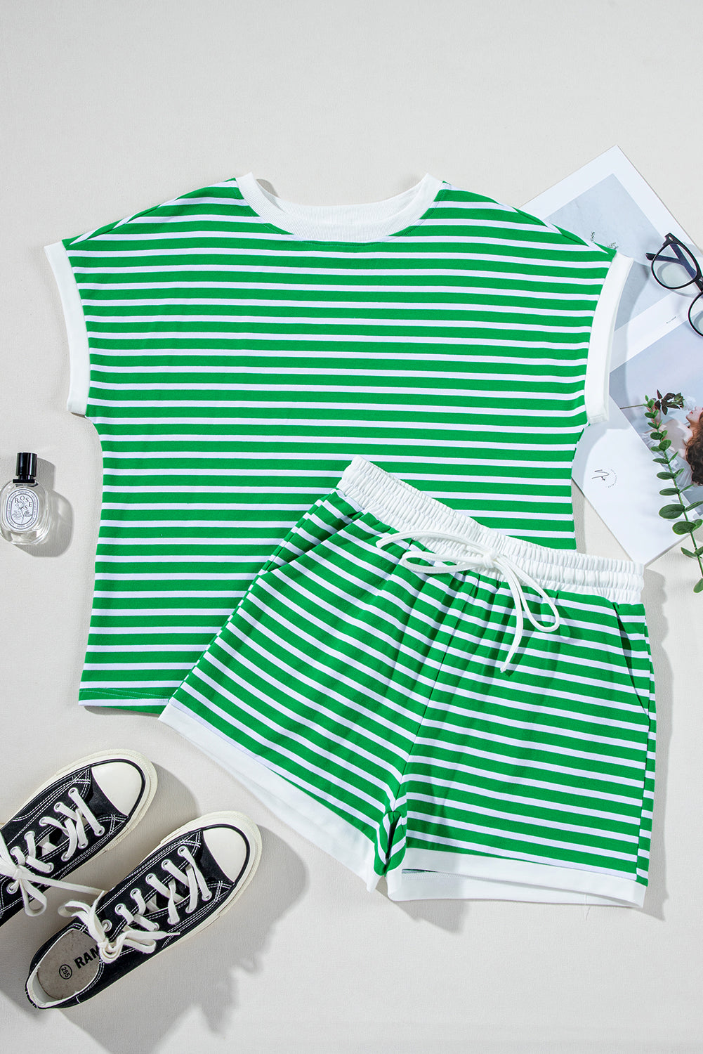 Green Striped Sleeve Tee and Shorts Set