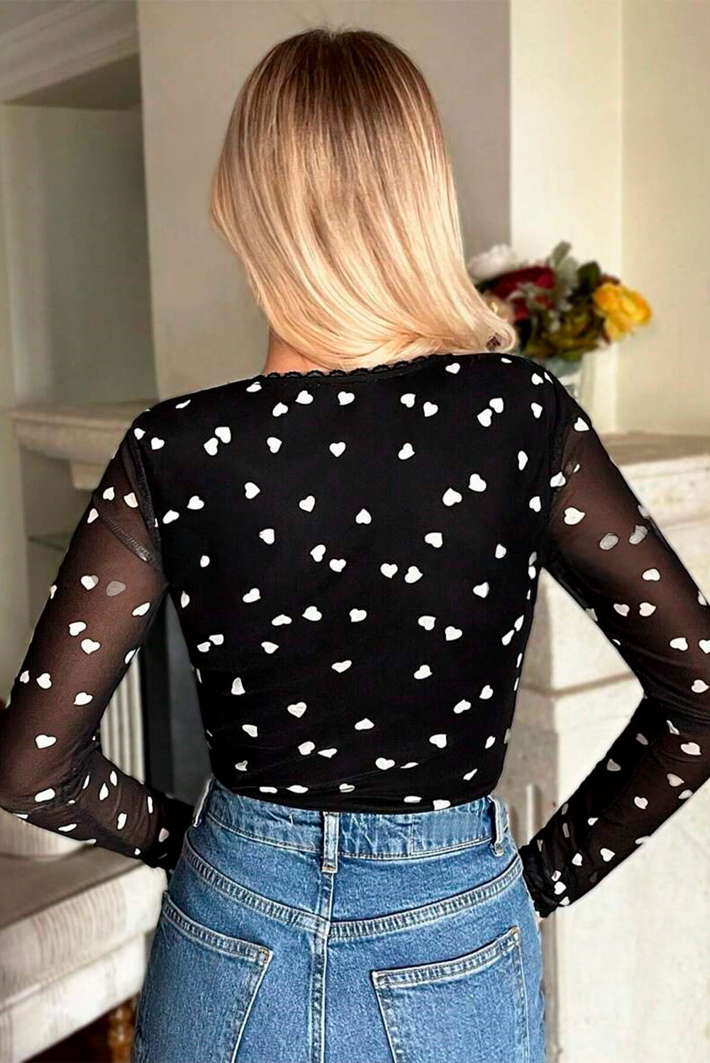 Black Heart Print Mesh Bodysuit