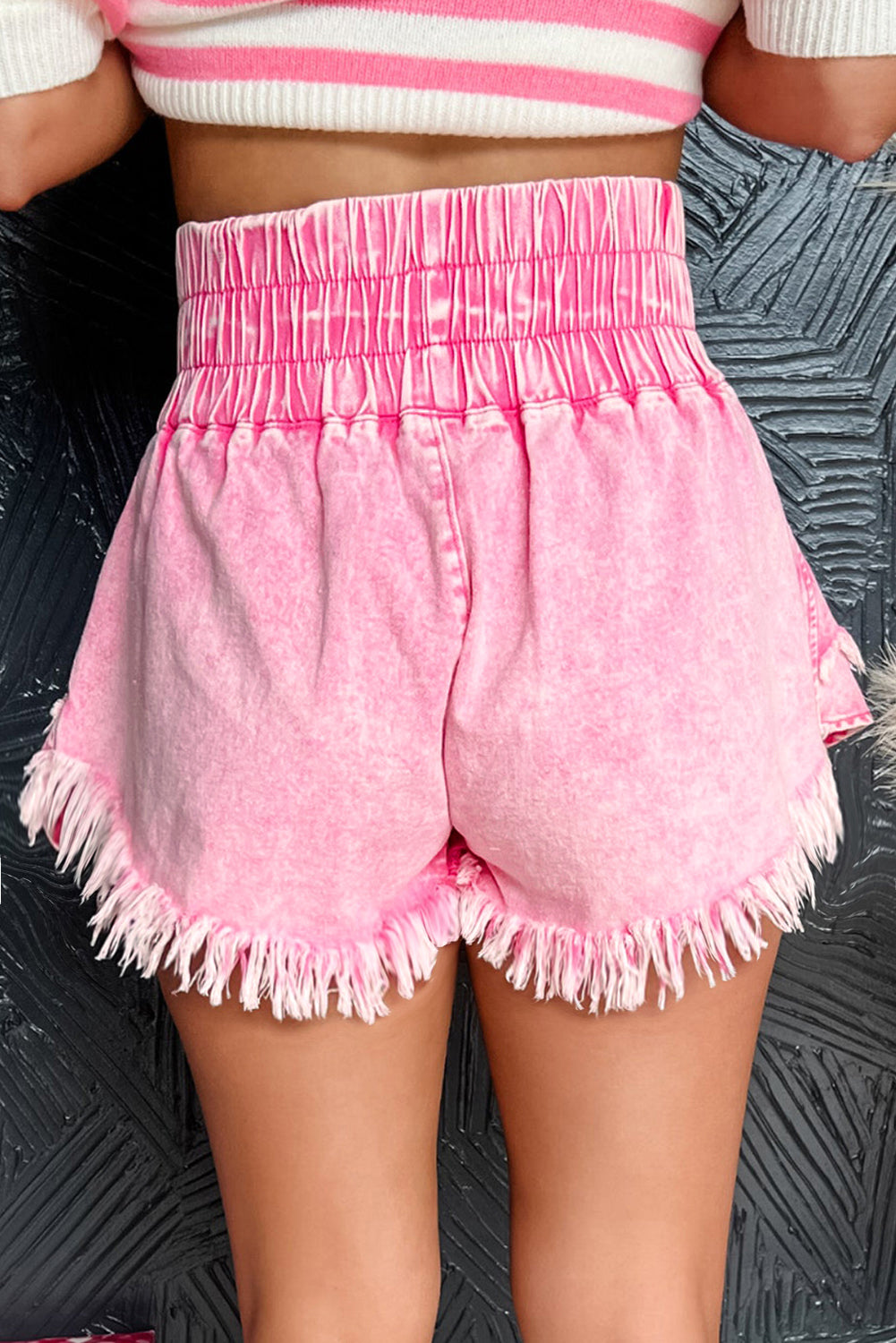 Pink Wide Smocked Waistband Frayed Denim Shorts