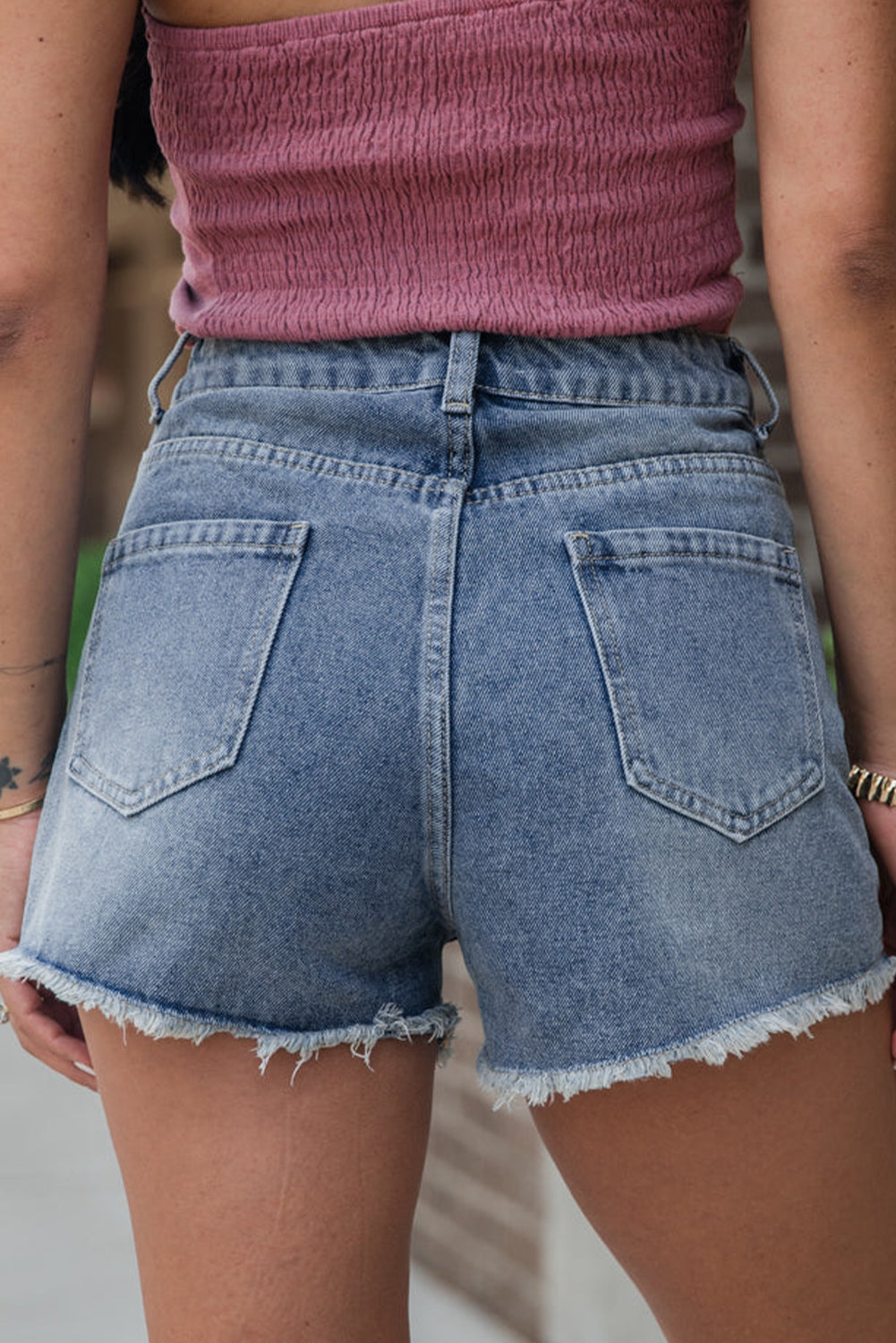 Pearl Beaded Raw Hem Denim Shorts