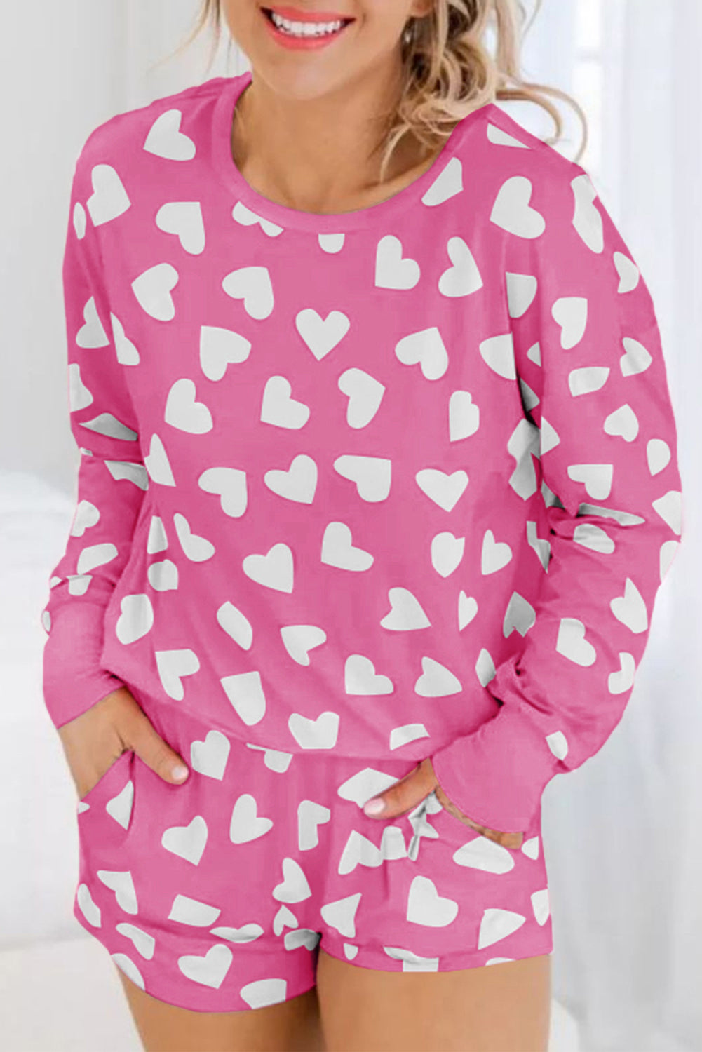 Heart Print Long Sleeve Top Shorts Lounge Set