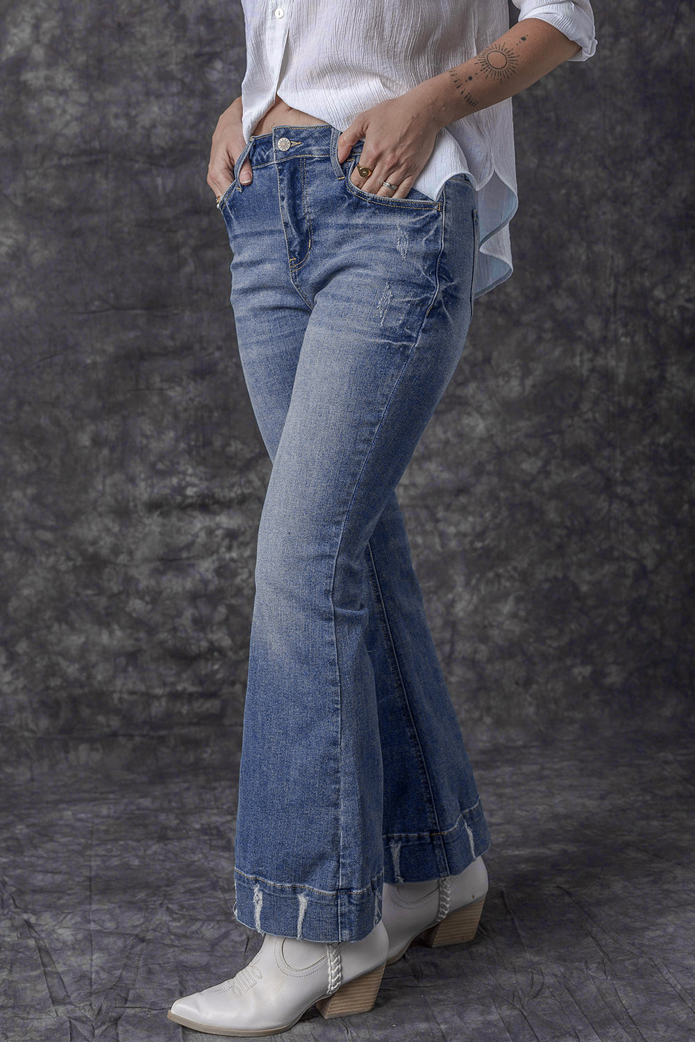 Slight Distressed Medium Wash Flare Jeans