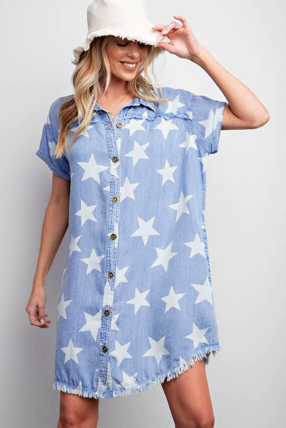 Blue & Stars Frayed Hem Collared Short Sleeve Denim Dress