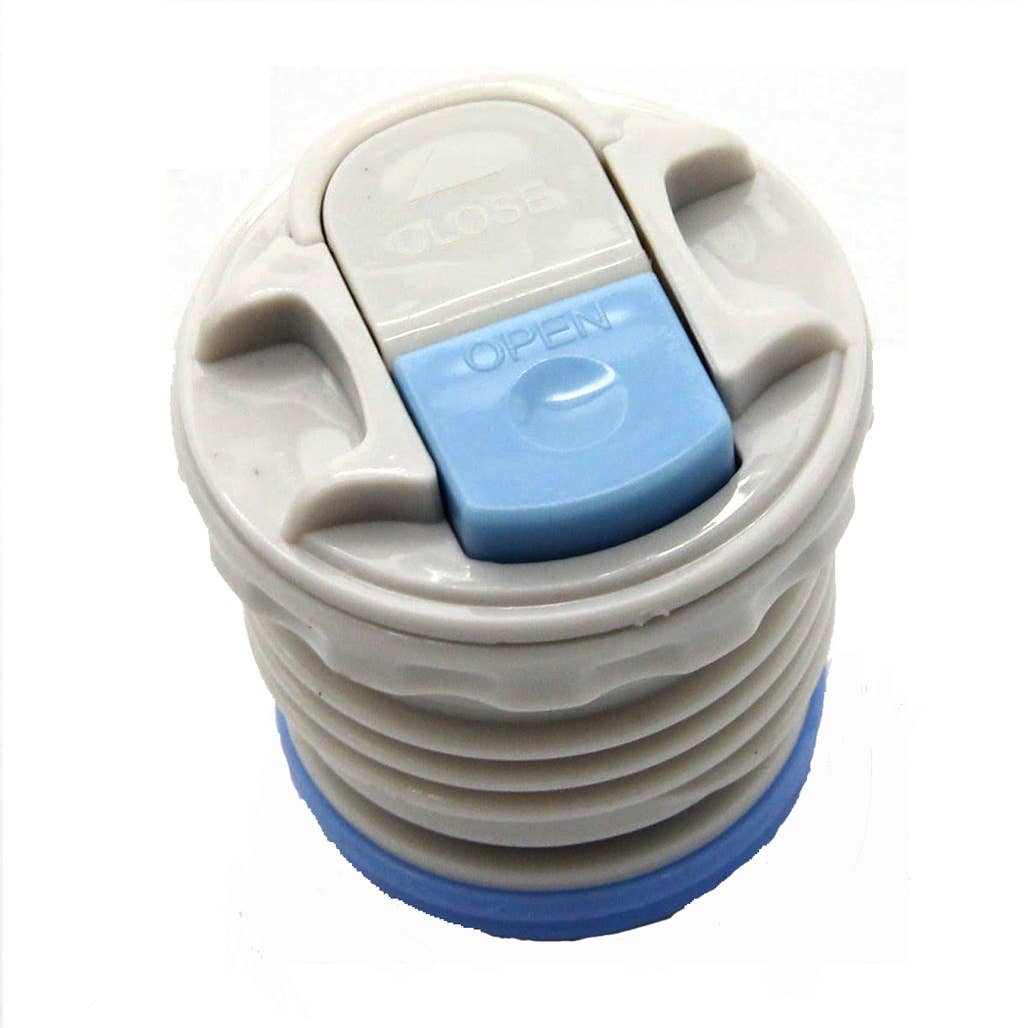 A close-up of the thermos's interior stopper, designed with a white and blue plastic open-and-close mechanism for sealing and pouring. The stopper has a practical design with a toggle switch labeled "OPEN" and "CLOSE."