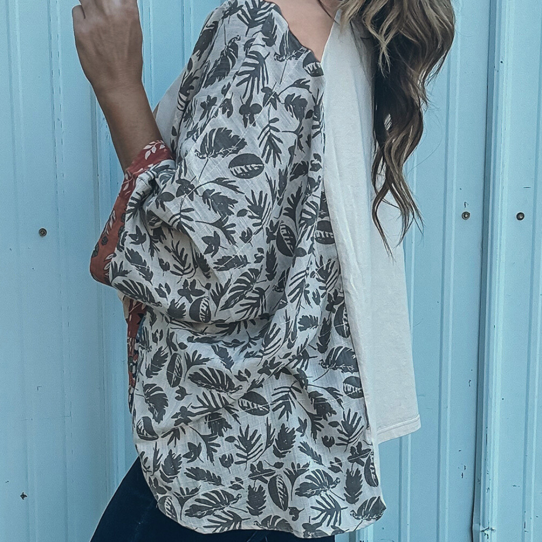Printed Patchwork Sleeve Graphic Tee Shirt