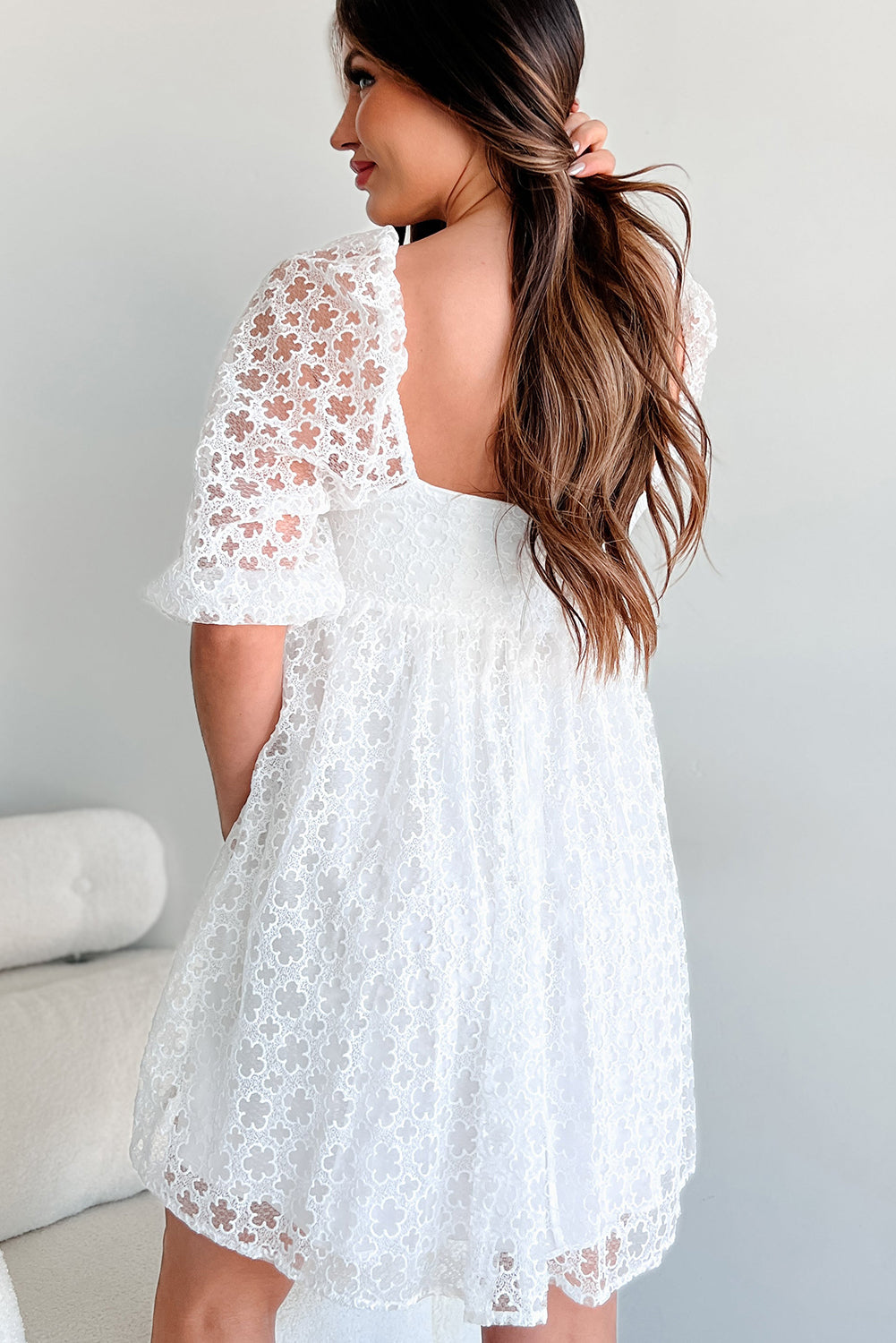 Lace Puff Sleeve Empire Waist Mini Dress