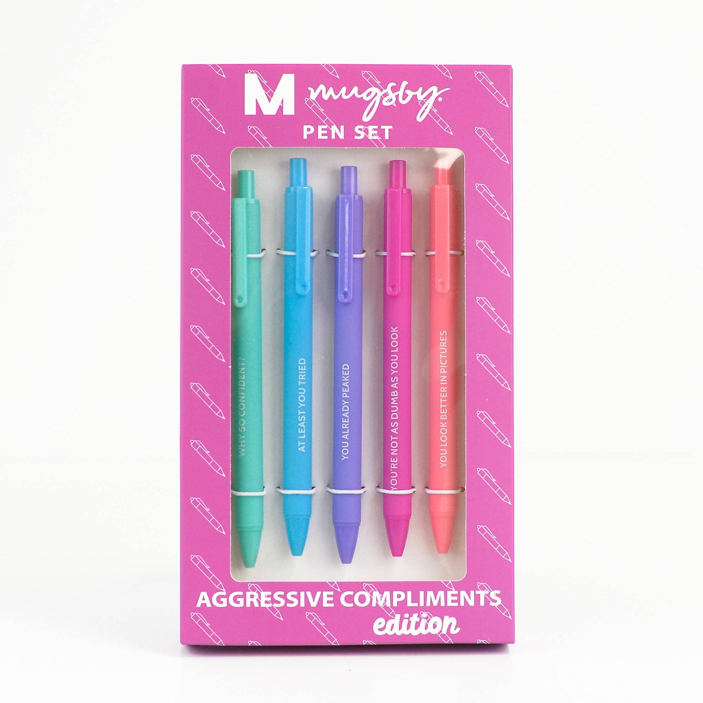 Brightly colored pen set with witty phrases like 'At least you tried' and 'You’re not as dumb as you look,' packaged in a vibrant pink box. Perfect for fun office supplies or as a humorous gift for coworkers.