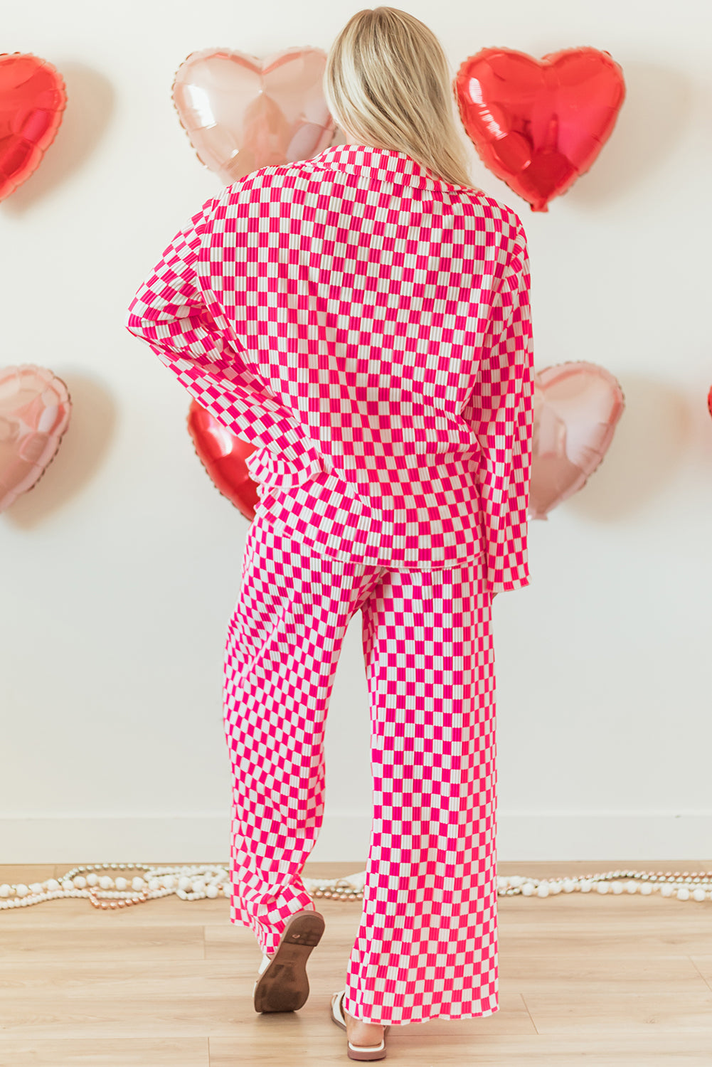 Pink Checkered Buttoned Shirt and Pants Pajama Set