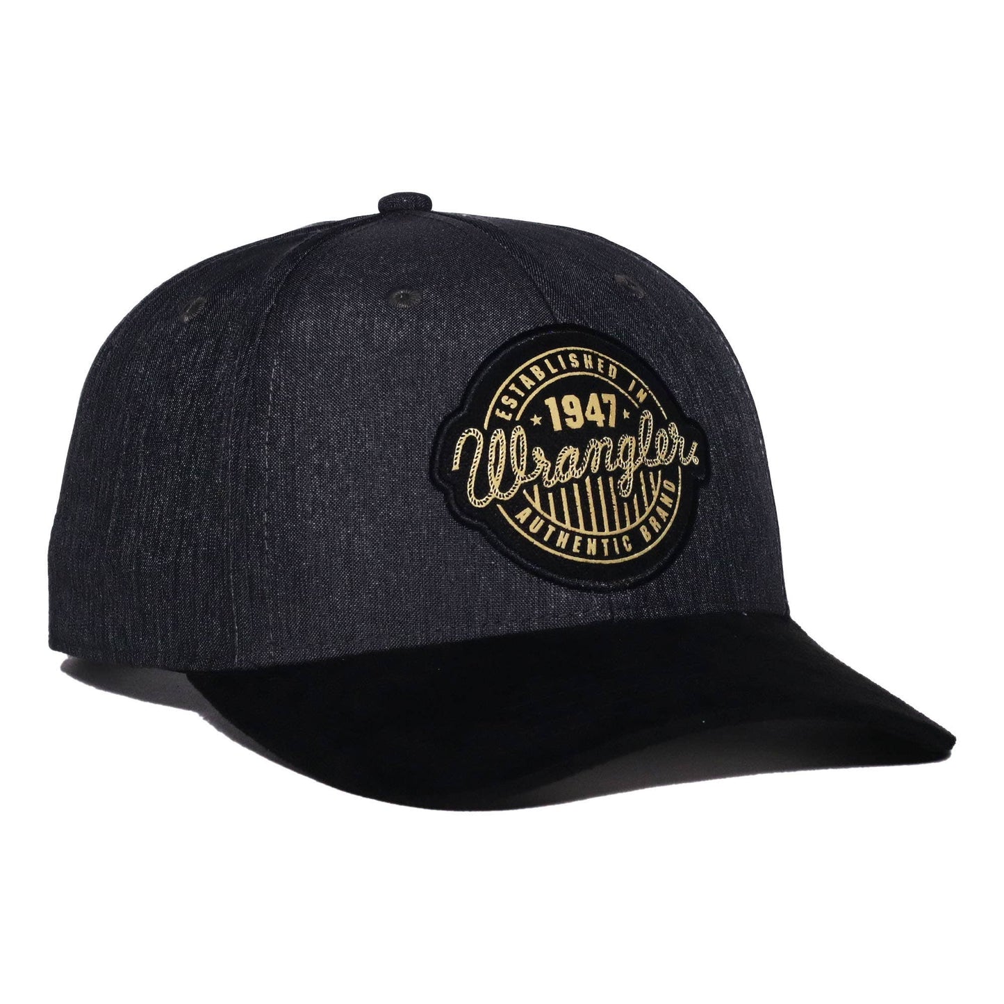 A sleek black cap with a circular patch that reads "Established in 1947 Wrangler Authentic Brand" in gold stitching. The subtle gold details and structured design give it a classic and stylish appearance.