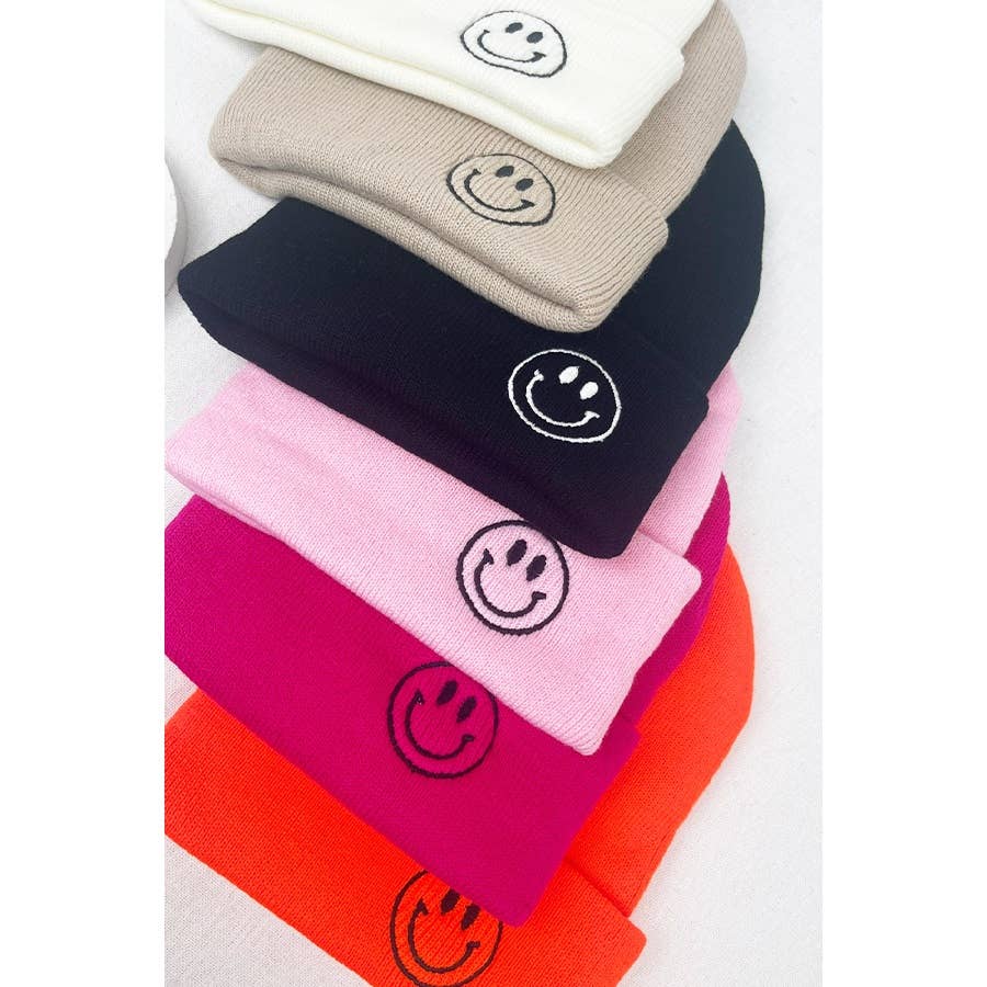 "Smiley Face Embroidered Beanies – Cozy Knit Hats in Multiple Colors for a Trendy and Fun Winter Look"