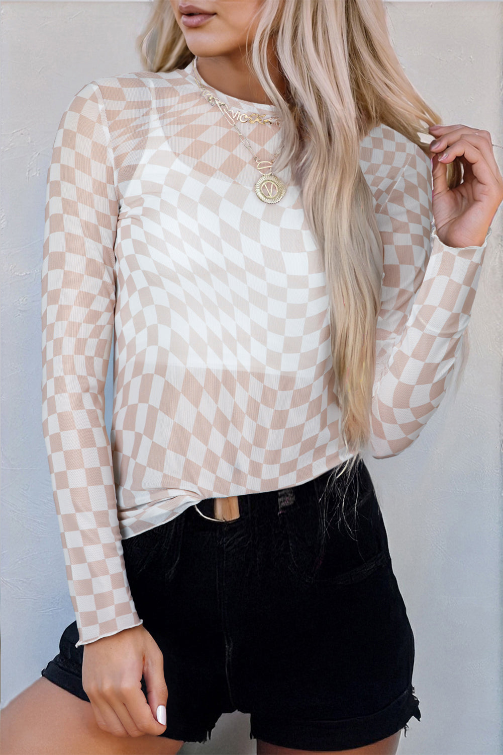 Checkered Pattern Mesh Long Sleeve Top