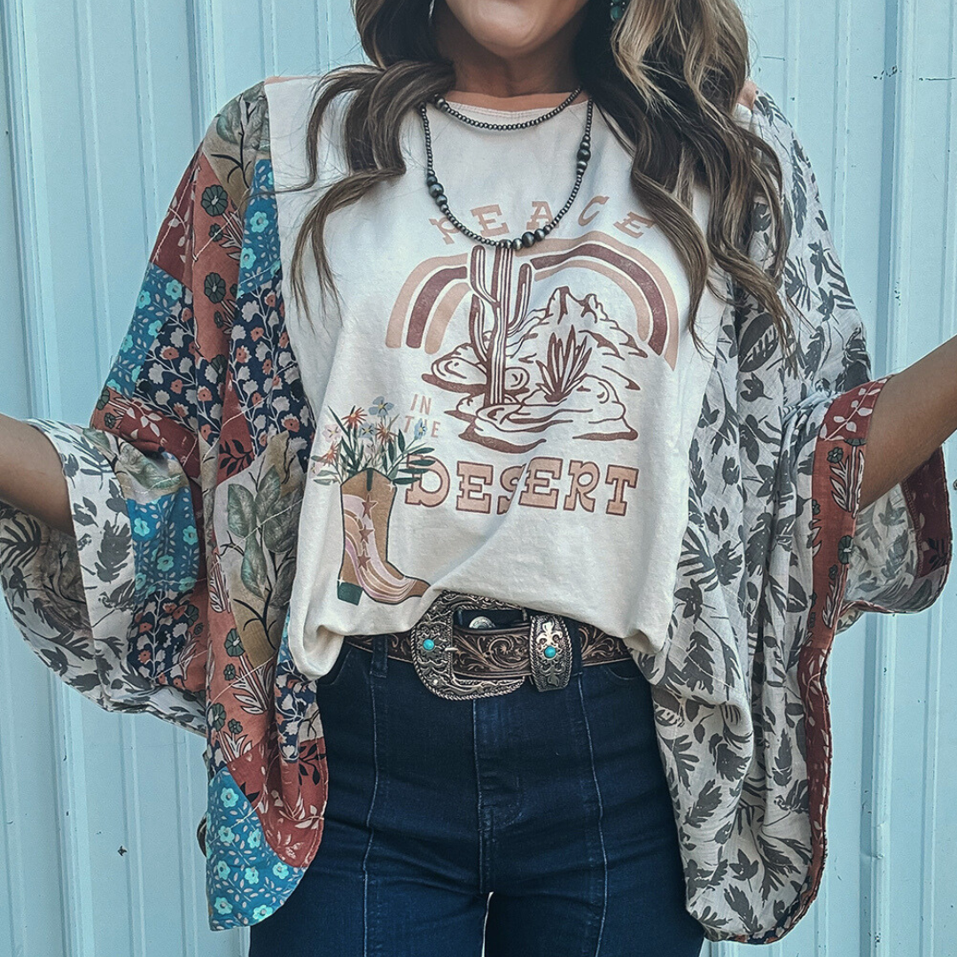 Printed Patchwork Sleeve Graphic Tee Shirt
