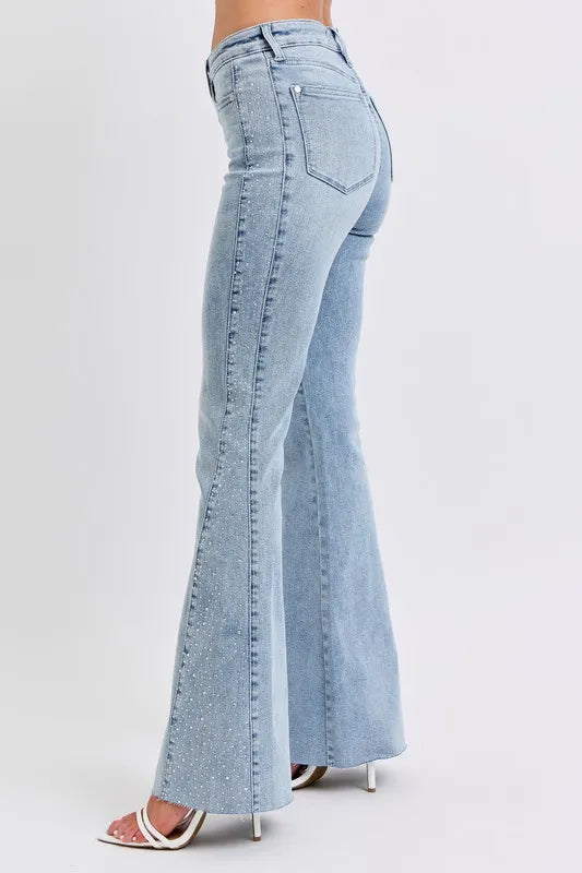 Judy Blue rhinestone flare jeans, Mid rise jeans, Rhinestone jeans, Country concert flare jeans, Judy Blue flare jeans for women, Sparkle jeans for country concert, Flare jeans with rhinestones, Western glam jeans, Festival denim, Jeans to wear with cowboy boots, Tummy Control Jeans