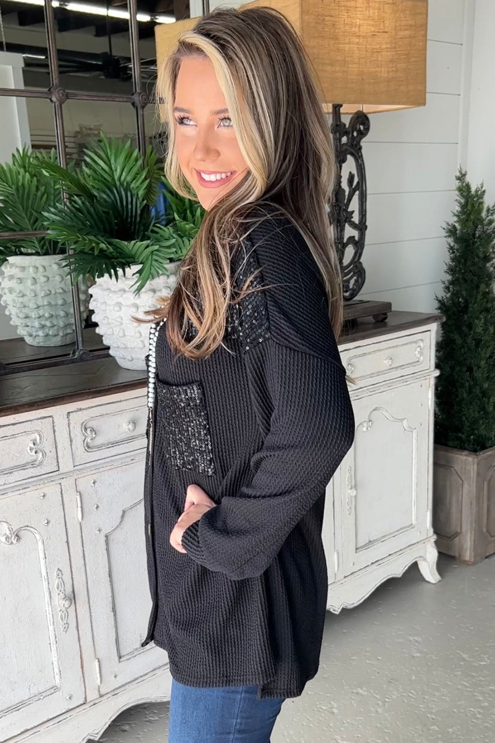 Black Sequin Corded Shacket