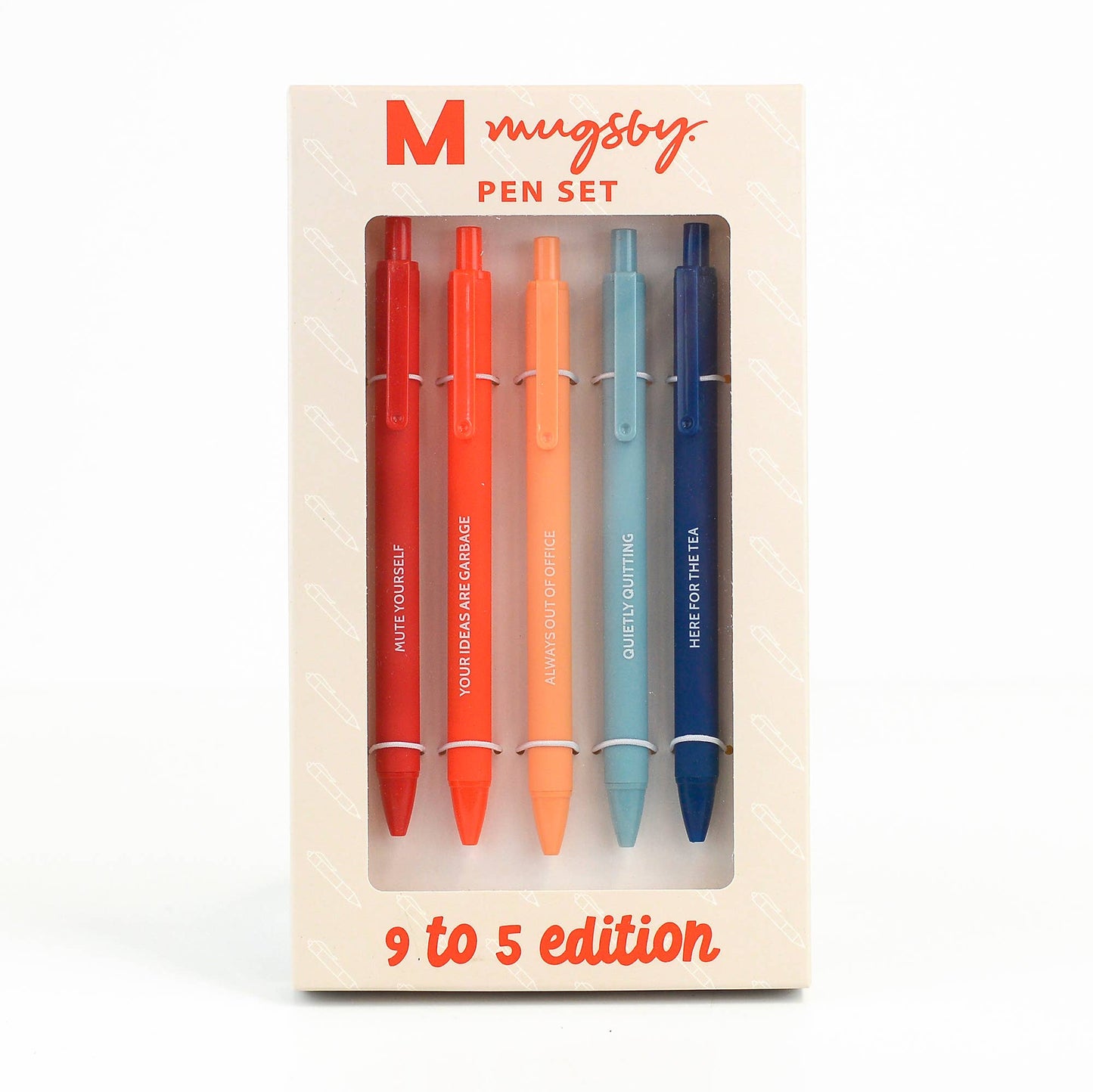 Colorful office pen set featuring phrases like 'Mute Yourself,' 'Quietly Quitting,' and 'Here for the Tea,' packaged in a cream-colored box. A humorous take on workplace essentials, ideal for gifts or personal use.