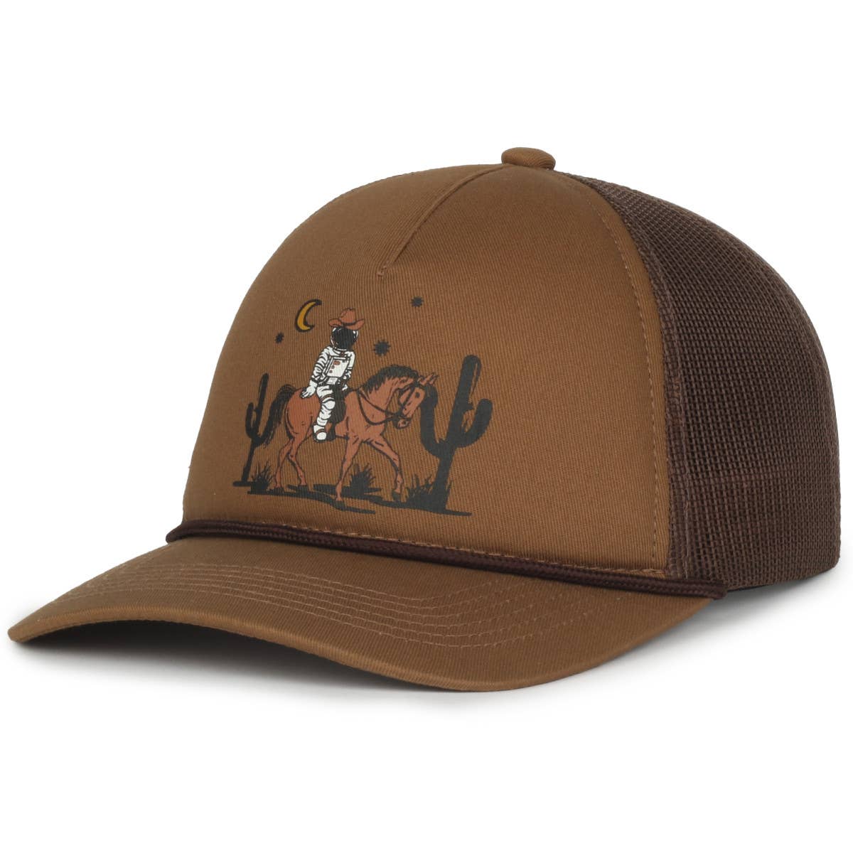 A brown trucker hat with a front panel featuring an illustration of an astronaut wearing a cowboy hat, riding a horse in a desert scene with cacti, a crescent moon, and stars. The mesh back and curved brim add a classic touch to the design.