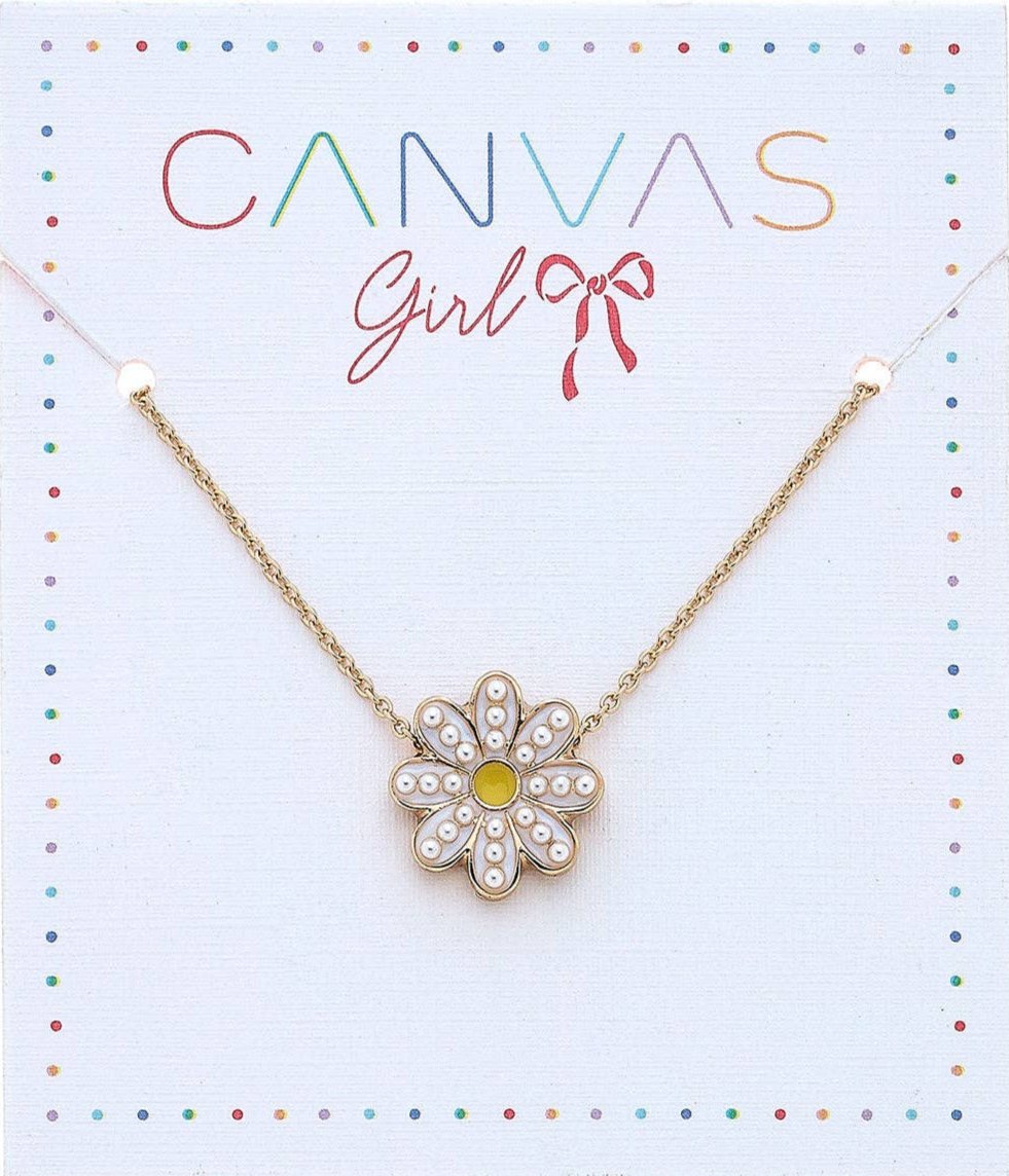 Gold daisy necklace with pearl-accented petals and a yellow center, displayed on a "Canvas Girl" branded card with colorful dotted borders and a bow graphic. This whimsical, feminine jewelry piece is perfect for adding charm to kids' or teens' outfits.