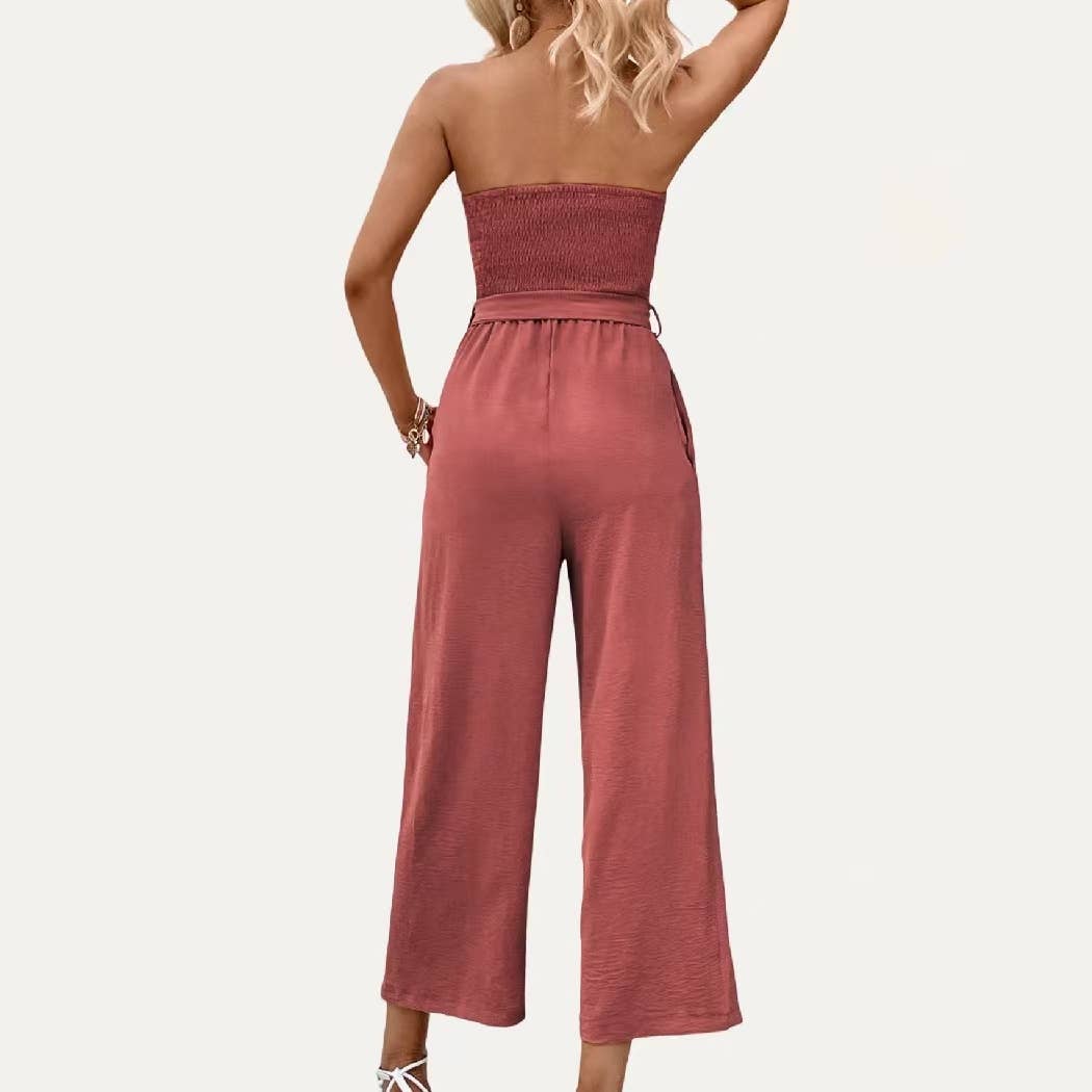"Strapless Button-Front Jumpsuit – Smocked Bodice with Tie-Waist and Wide-Leg Design, Perfect for Casual Summer Outings"