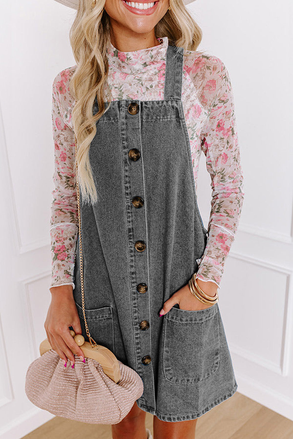Button front overall denim mini dress, spring 2025, trendy denim pinafore dress, mini dress, denim outfit, lightweight and breathable fabric, must-have spring fashion staple, adjustable strap denim dress, western dress, modern and timeless denim fashion, perfect for day-to-night styling, retro-inspired casual dress, durable and comfortable fit, easy-to-style wardrobe essential, spring and summer outfit