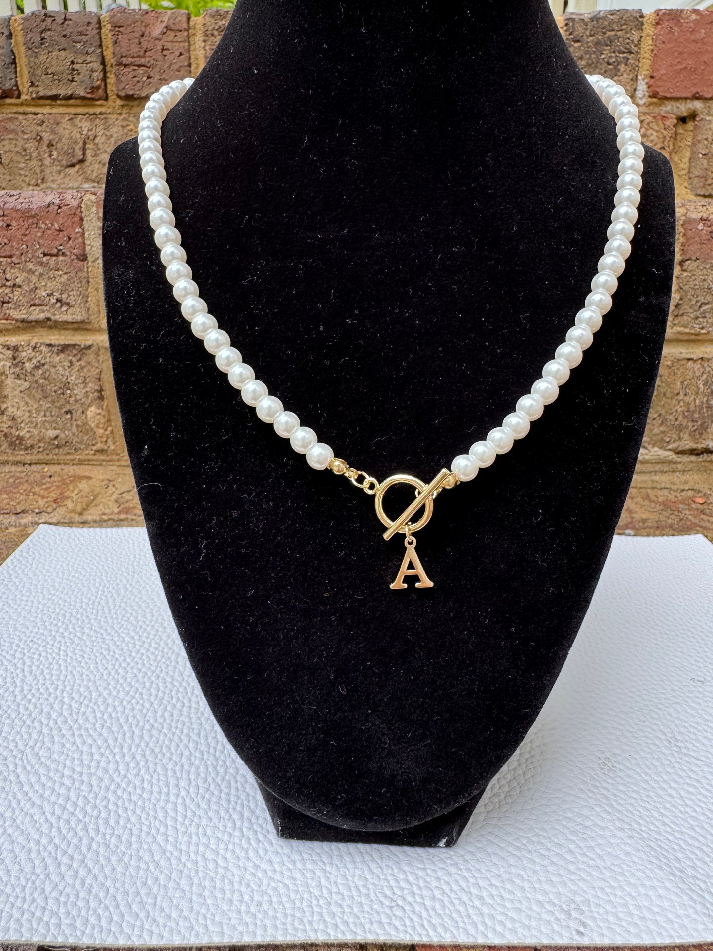 Initial Pearl Necklace with Front Bar Clasp