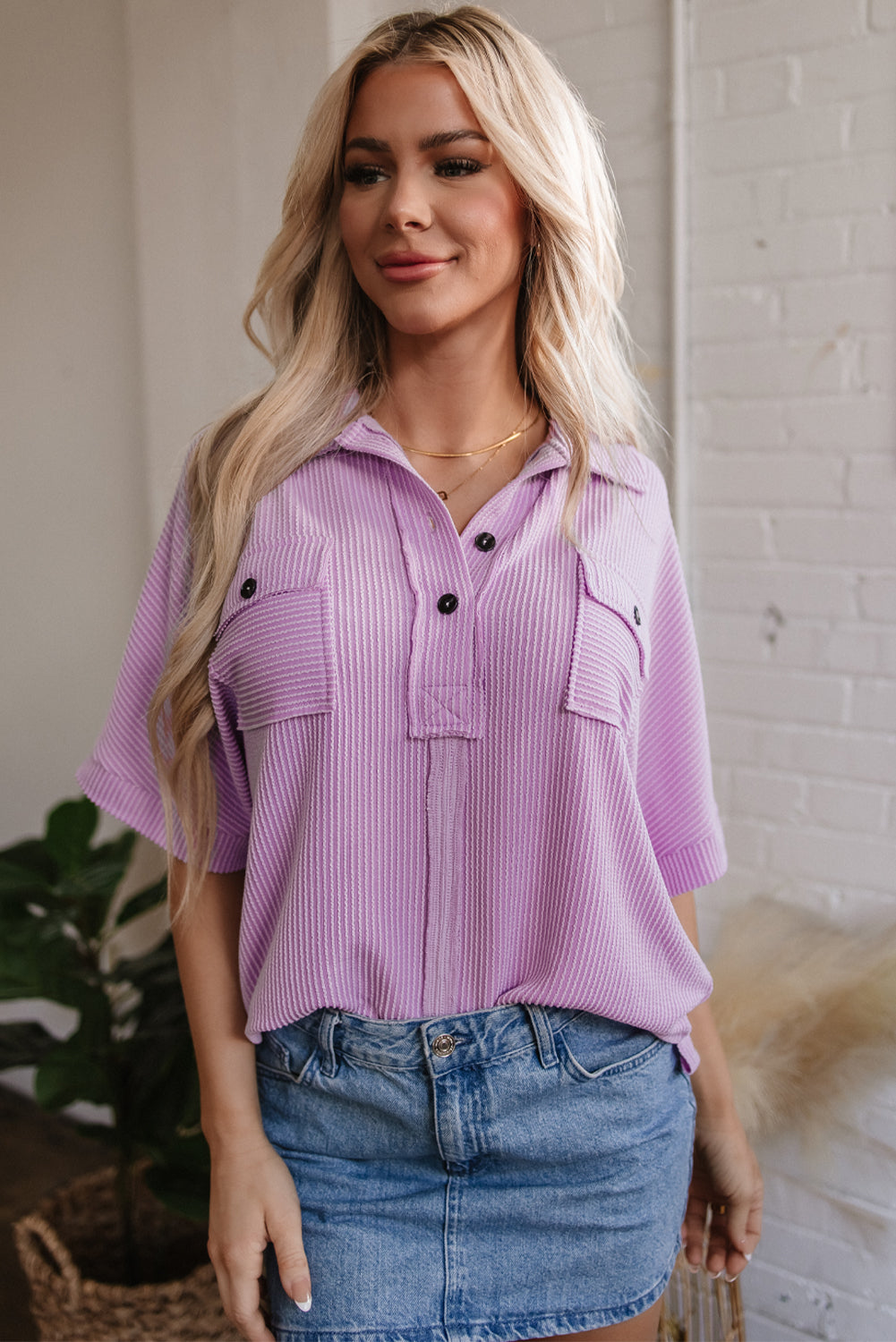 Corded Buttoned Short Sleeve Top