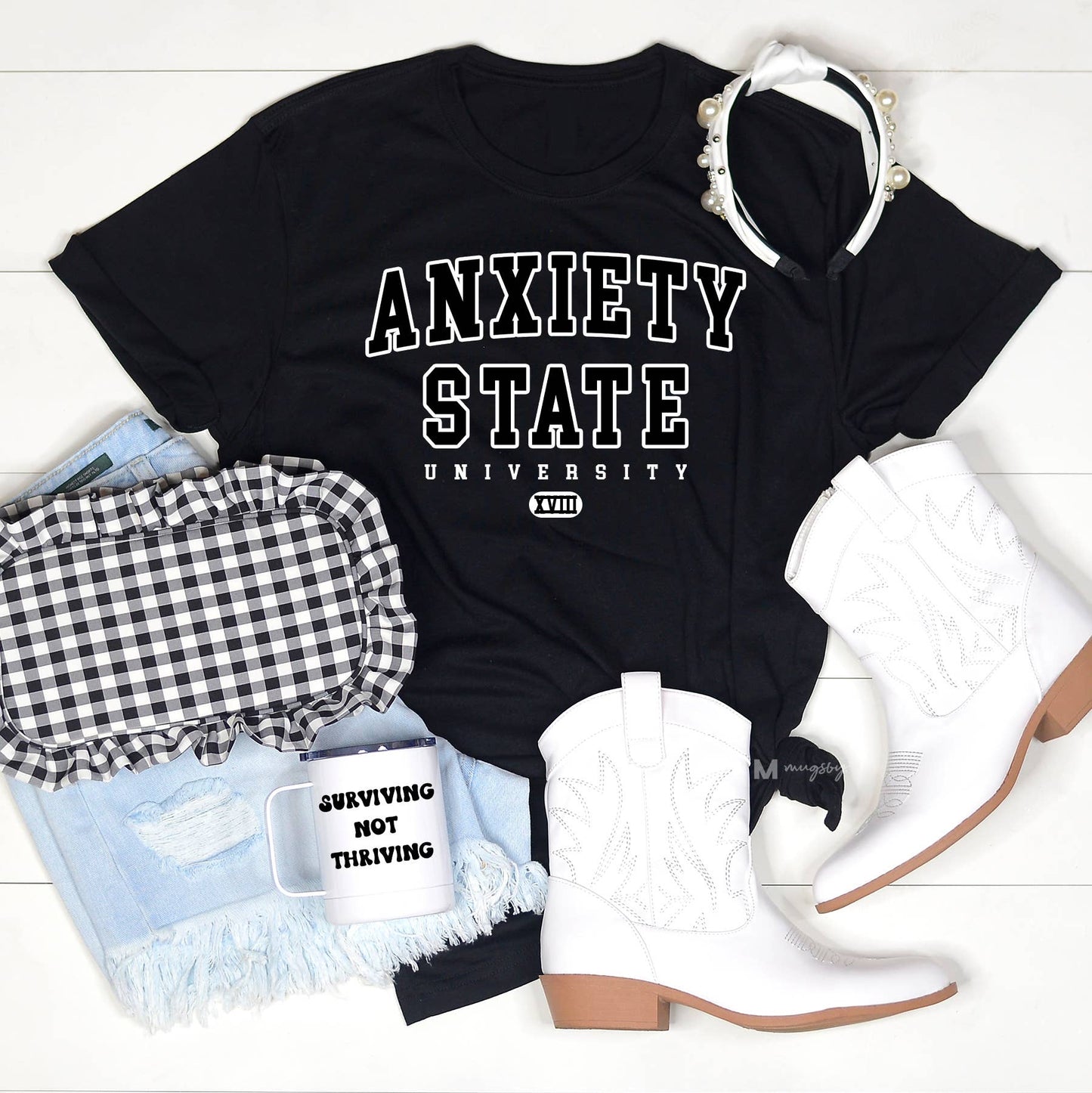 Funny 'Anxiety State University' graphic tee, humorous mental health awareness shirt, casual unisex t-shirt, relatable anxiety-themed apparel, trendy novelty tee for stress relief, playful graphic shirt for everyday wear