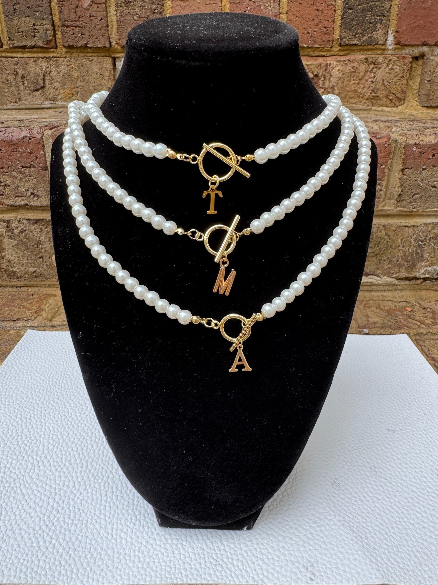 Initial Pearl Necklace with Front Bar Clasp