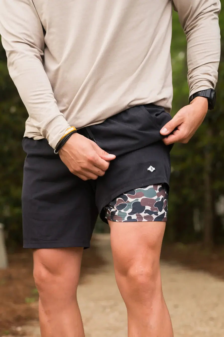 Burlebo black athletic shorts with throwback camo liner, 5.5-inch inseam, men’s workout shorts, retro camo detail, comfortable and durable Burlebo brand activewear, stylish gym and outdoor athletic shorts