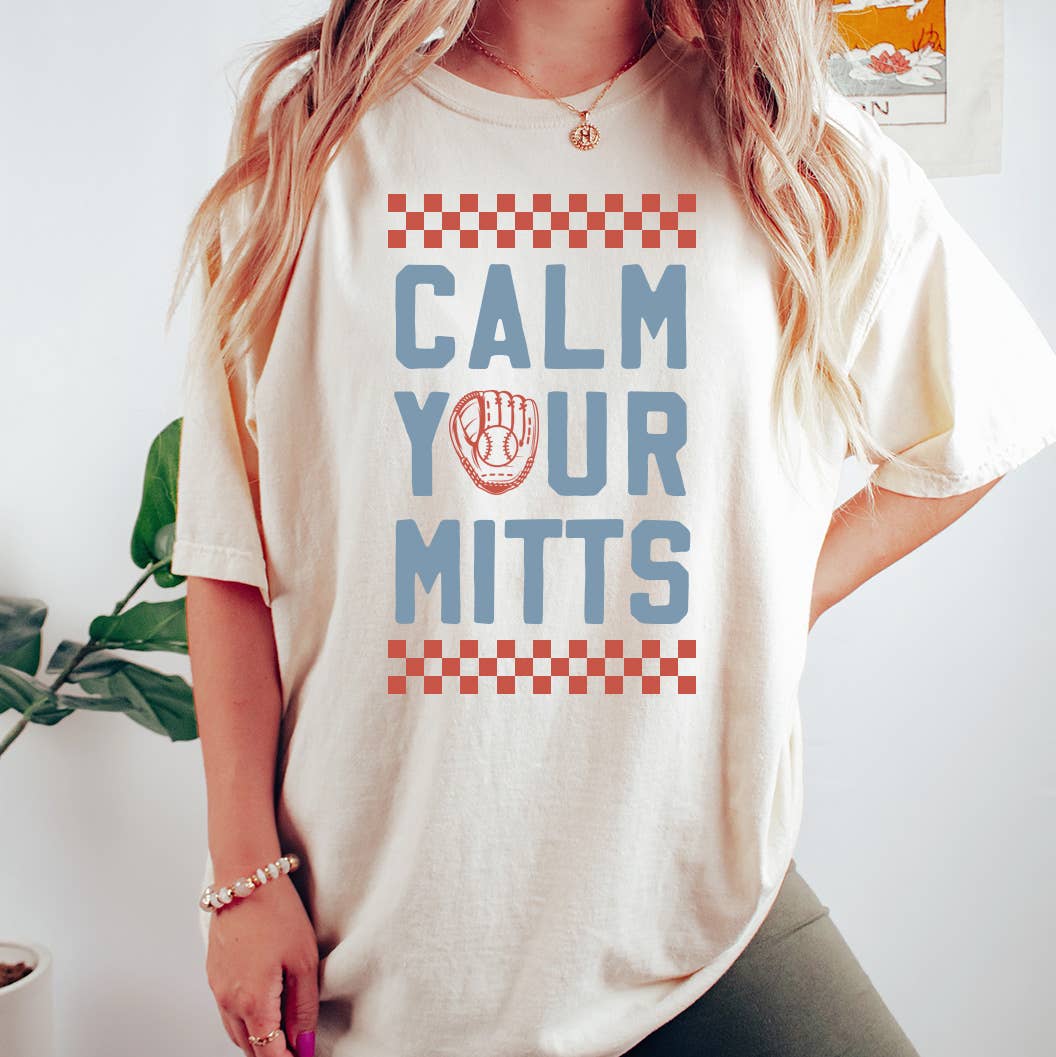 Calm Your Mitts baseball graphic tee, funny sports shirt for baseball fans, casual unisex tee with humorous slogan, trendy graphic t-shirt for game day, comfortable baseball-themed apparel, playful baseball fan shirt