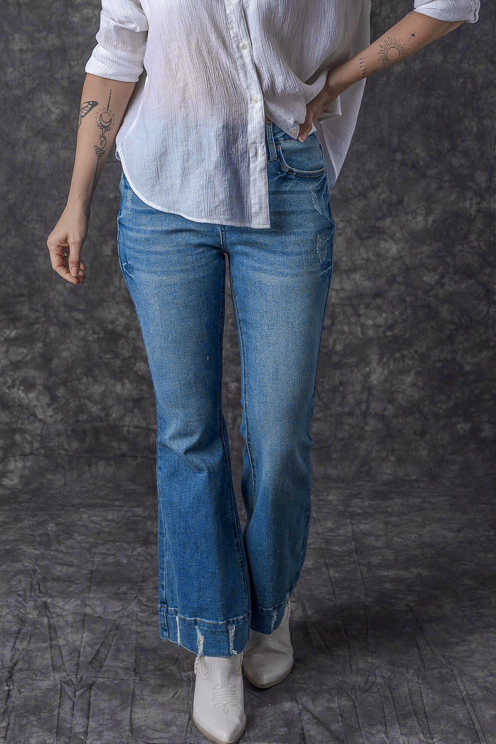 Slight Distressed Medium Wash Flare Jeans
