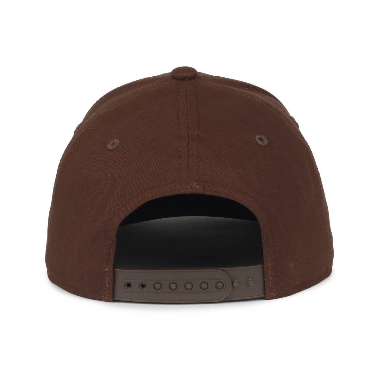Close-up of the back of a brown snapback cap featuring an adjustable strap closure for a customizable fit. The durable fabric and stitched eyelets provide breathability and long-lasting wear.