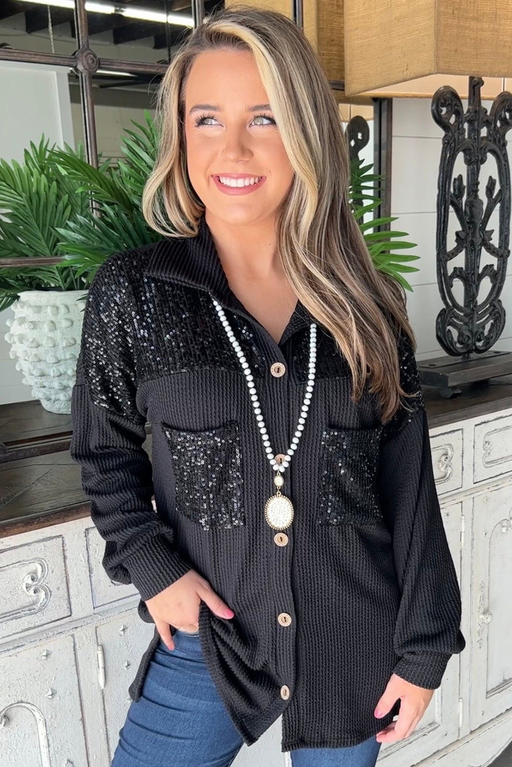 Black Sequin Corded Shacket