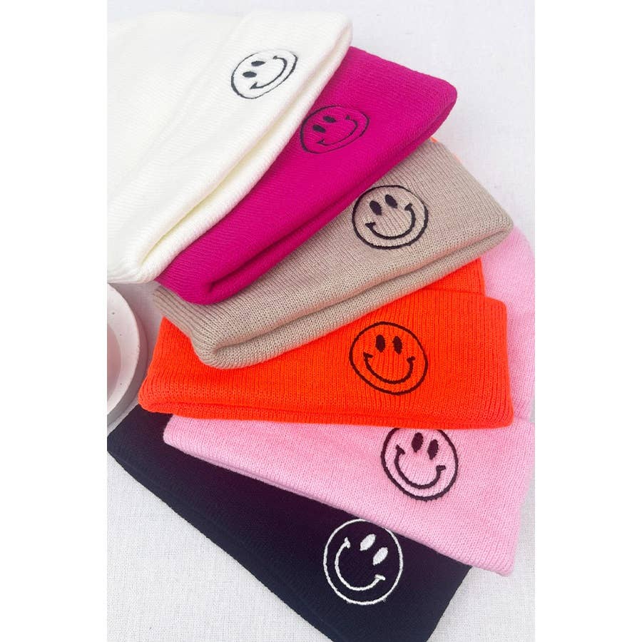 "Smiley Face Embroidered Beanies – Cozy Knit Hats in Multiple Colors for a Trendy and Fun Winter Look"
