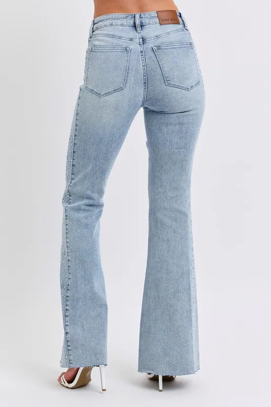 Judy Blue rhinestone flare jeans, Mid rise jeans, Rhinestone jeans, Country concert flare jeans, Judy Blue flare jeans for women, Sparkle jeans for country concert, Flare jeans with rhinestones, Western glam jeans, Festival denim, Jeans to wear with cowboy boots, Tummy Control Jeans