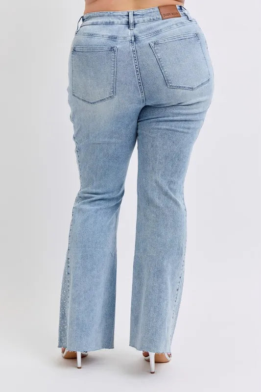 Judy Blue rhinestone flare jeans, Mid rise jeans, Rhinestone jeans, Country concert flare jeans, Judy Blue flare jeans for women, Sparkle jeans for country concert, Flare jeans with rhinestones, Western glam jeans, Festival denim, Jeans to wear with cowboy boots, Tummy Control Jeans