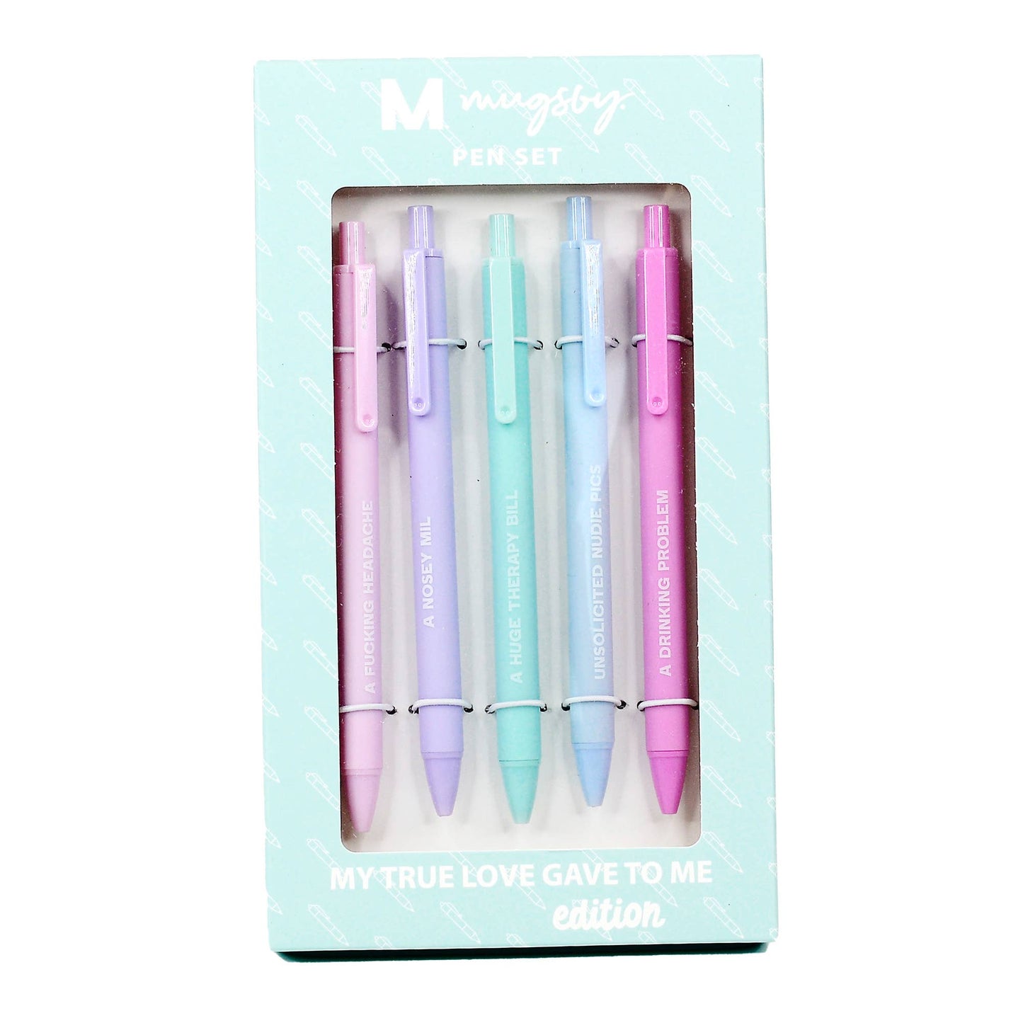 Pastel-toned pen set with cheeky phrases such as 'A Nosey MIL' and 'A Huge Therapy Bill,' packaged in a mint green box. A playful and relatable gift for those with a sense of humor.