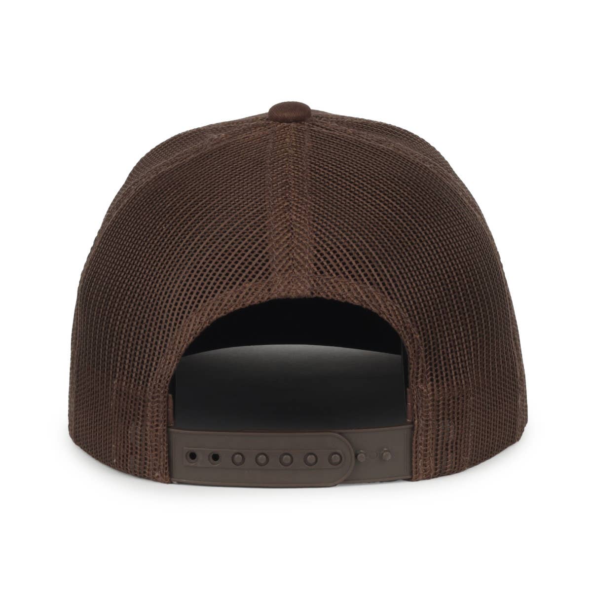 Back view of a brown trucker cap with a breathable mesh panel and an adjustable snapback closure, offering comfort and a customizable fit for outdoor activities or everyday wear.