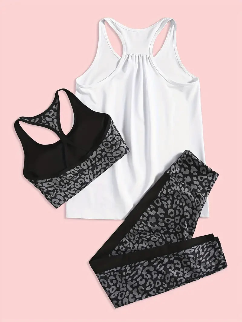 Cheetah printed yoga set, high-waisted leggings, tummy control activewear, leopard print workout set, sports bra and leggings combo, trendy gym outfit, animal print activewear, breathable fitness set, stretchy and supportive leggings, squat-proof workout leggings, stylish athleisure wear, moisture-wicking activewear, seamless workout set, bold and confident gym look, fashion-forward activewear, compression leggings for women, gym-to-street outfit, comfortable and flattering fit, workout clothes for women