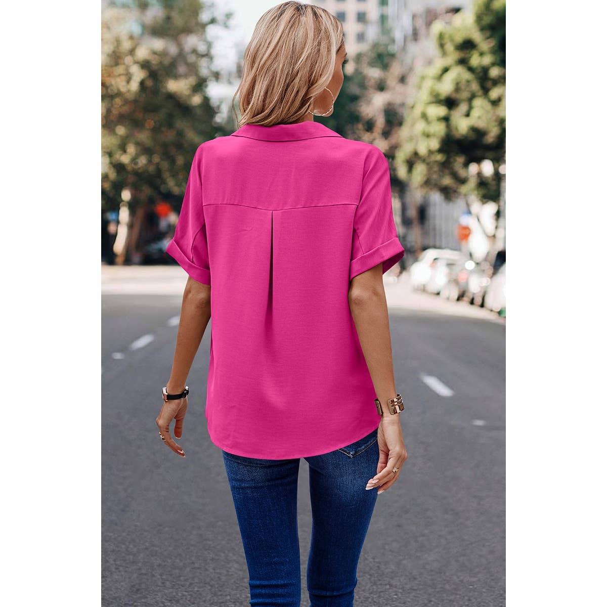 Women's fuchsia button-up blouse with pockets, solid color fashion top, vibrant pink shirt, chic and stylish long sleeve blouse, trendy casual or office wear, versatile women’s button-up shirt