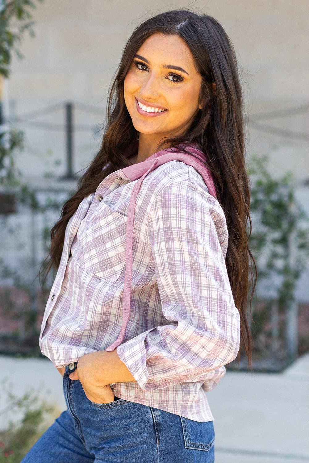 Checkered print loose fit buttoned hooded top spring 2025, trendy plaid hoodie, casual and stylish hooded top, relaxed fit checkered shirt, lightweight and breathable fabric, versatile layering piece, effortless street style, cozy yet fashionable hoodie, button-up plaid top, must-have spring outfit, modern and edgy casual wear, timeless checkered pattern, oversized and comfortable fit, everyday fashion essential, perfect for layering, laid-back yet trendy look, soft and stylish spring outerwear