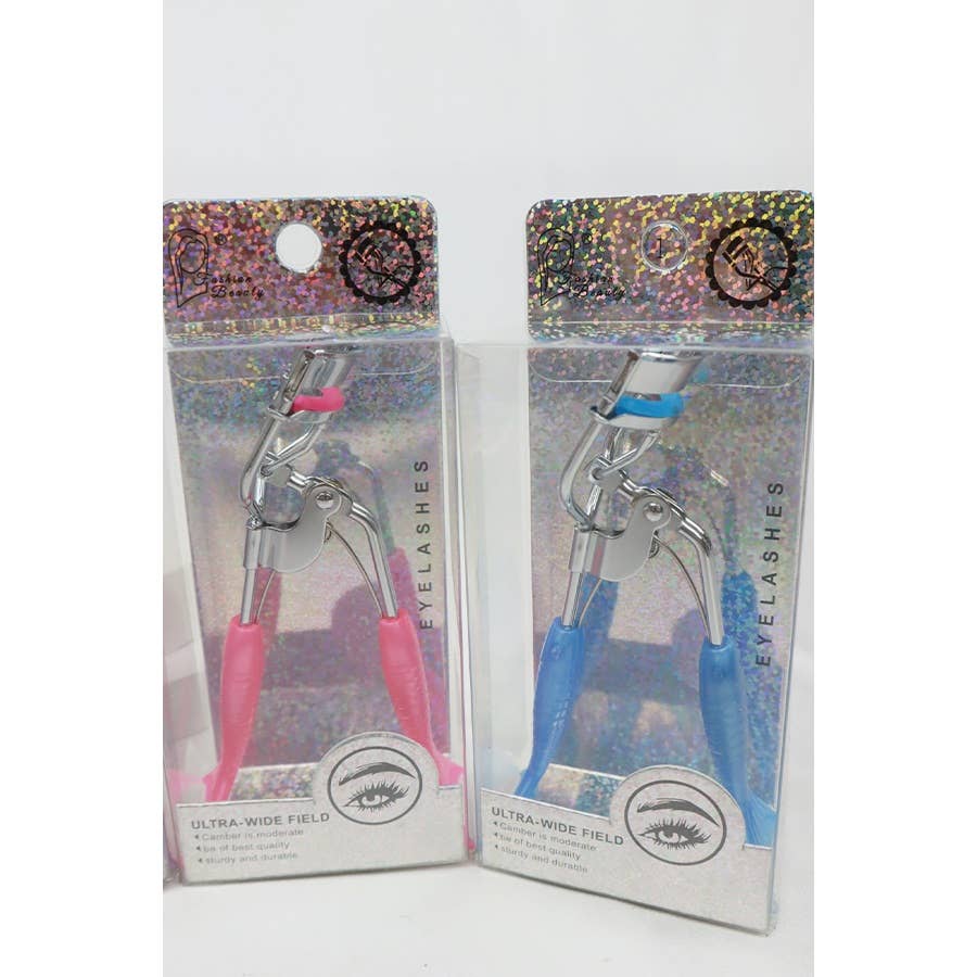 A set of four eyelash curlers displayed in glittery, holographic packaging. Each curler features a chrome metal frame with colorful silicone handles and matching curling pads in pastel shades of pink, purple, magenta, and blue. The packaging highlights their "Ultra-Wide Field" design, emphasizing functionality and style. Perfect for beauty enthusiasts seeking a pop of color in their makeup tools.