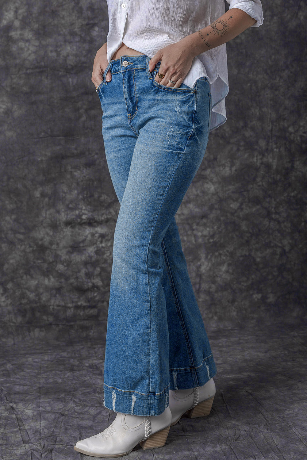 Slight Distressed Medium Wash Flare Jeans