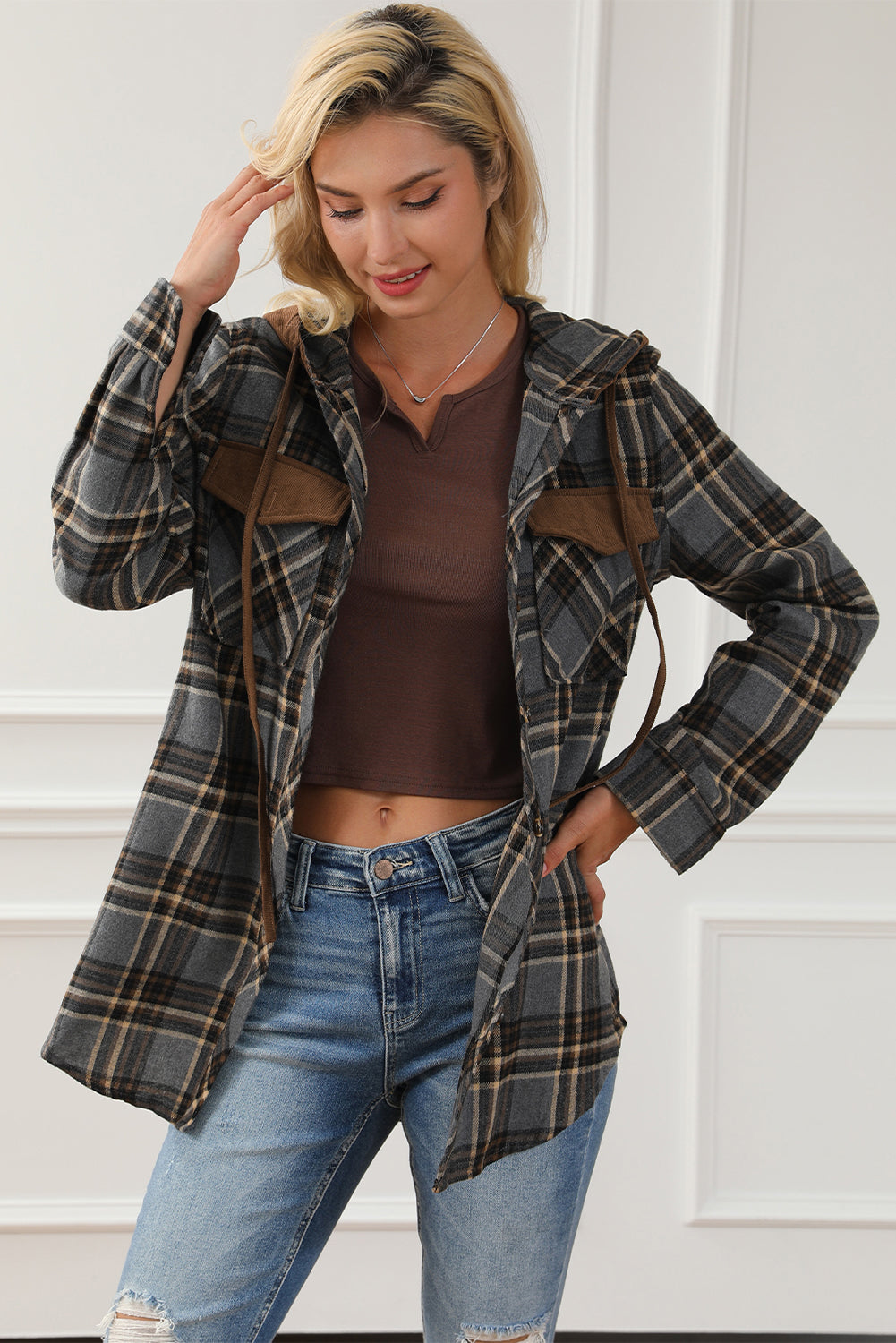 Contrast hooded drawstring plaid button-up top spring 2025, trendy plaid shirt with hood, stylish and casual layering piece, button-up checkered top, relaxed fit flannel hoodie, lightweight and breathable fabric, versatile street style fashion, cozy yet edgy plaid jacket, must-have spring wardrobe essential, modern and casual outerwear, timeless checkered pattern, effortlessly stylish plaid hoodie, comfortable and laid-back fit, perfect for layering, everyday fashion staple, soft and warm spring outfit