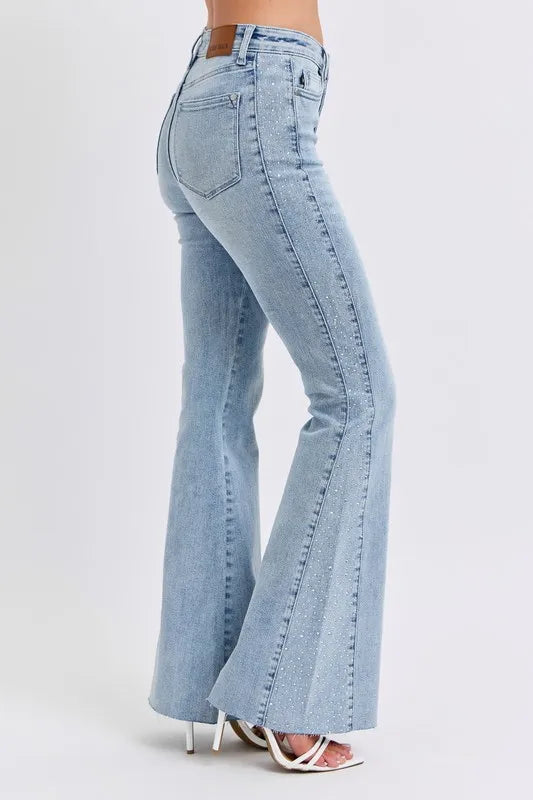 Judy Blue rhinestone flare jeans, Mid rise jeans, Rhinestone jeans, Country concert flare jeans, Judy Blue flare jeans for women, Sparkle jeans for country concert, Flare jeans with rhinestones, Western glam jeans, Festival denim, Jeans to wear with cowboy boots, Tummy Control Jeans