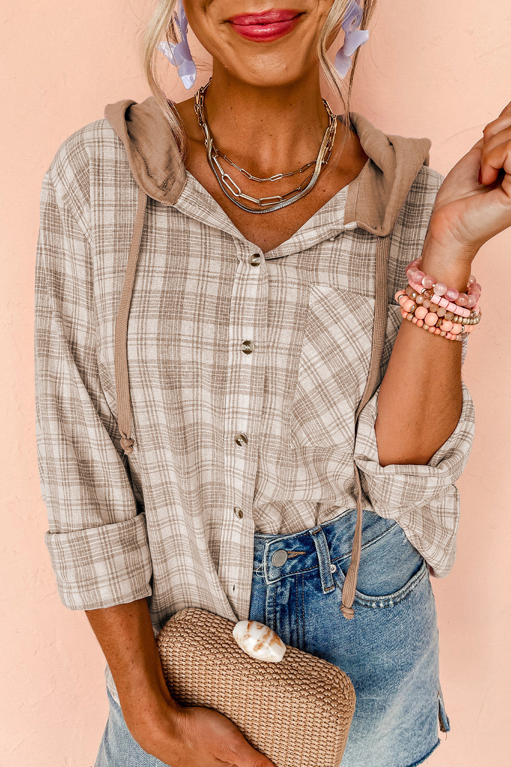 Checkered print loose fit buttoned hooded top spring 2025, trendy plaid hoodie, casual and stylish hooded top, relaxed fit checkered shirt, lightweight and breathable fabric, versatile layering piece, effortless street style, cozy yet fashionable hoodie, button-up plaid top, must-have spring outfit, modern and edgy casual wear, timeless checkered pattern, oversized and comfortable fit, everyday fashion essential, perfect for layering, laid-back yet trendy look, soft and stylish spring outerwear