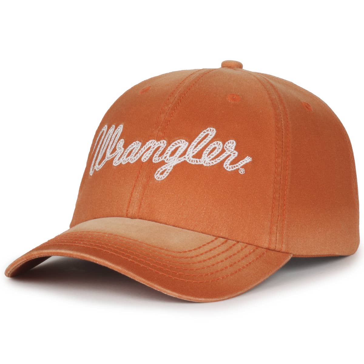 A vibrant rust orange cap with "Wrangler" embroidered in a white script font on the front. The curved brim and classic style make it a versatile and bold addition to any casual wardrobe.