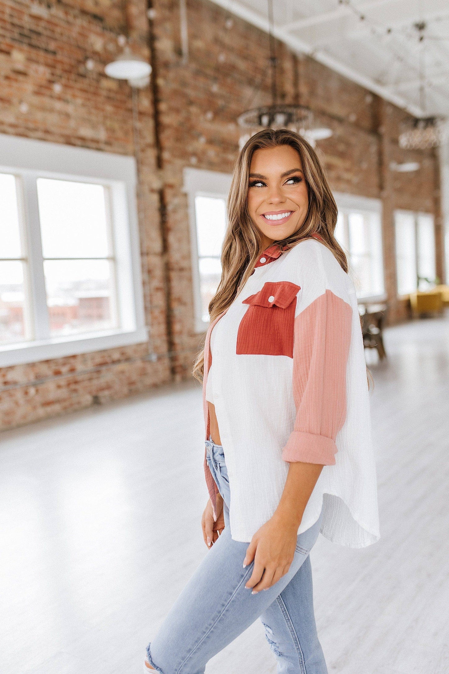 Color block button-up shirt, stylish and modern women’s shirt, trendy color block design, versatile button-up top for casual or office wear, comfortable and breathable shirt, chic color block fashion for everyday style